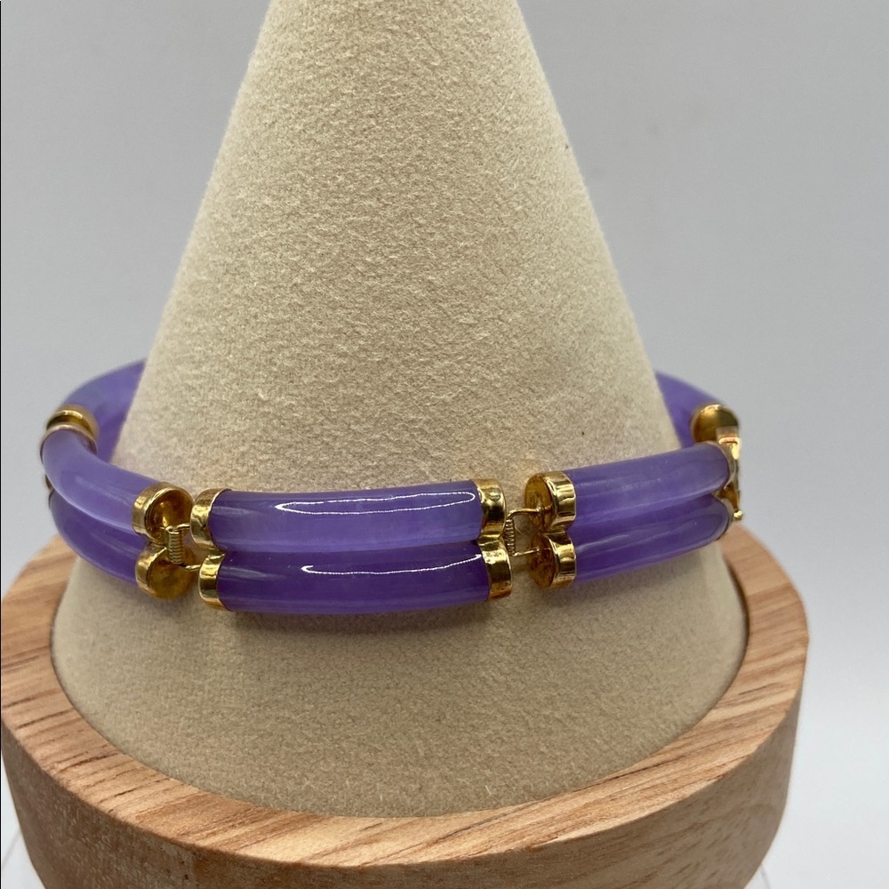 Vintage 14K Yellow Gold Double Row Good Fortune Lavender Jade Bracelet 8 1/4”L - Picture 3 of 8